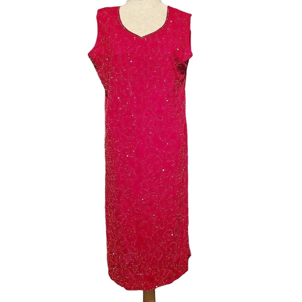 Vintage Beaded red dress size‎ 12  sleeveless midi